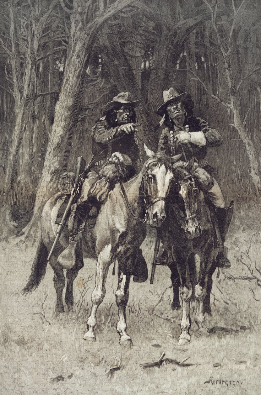 Éclaireurs Cheyenne patrouillant le Grand Bois du Nord Canadien, Oklahoma, 6 avril - Frederic Remington