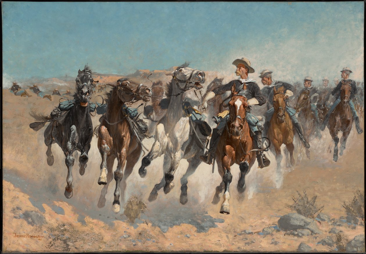 À pied : les cavaliers du quatrième régiment déplacent les chevaux tenus en main - Frederic Remington