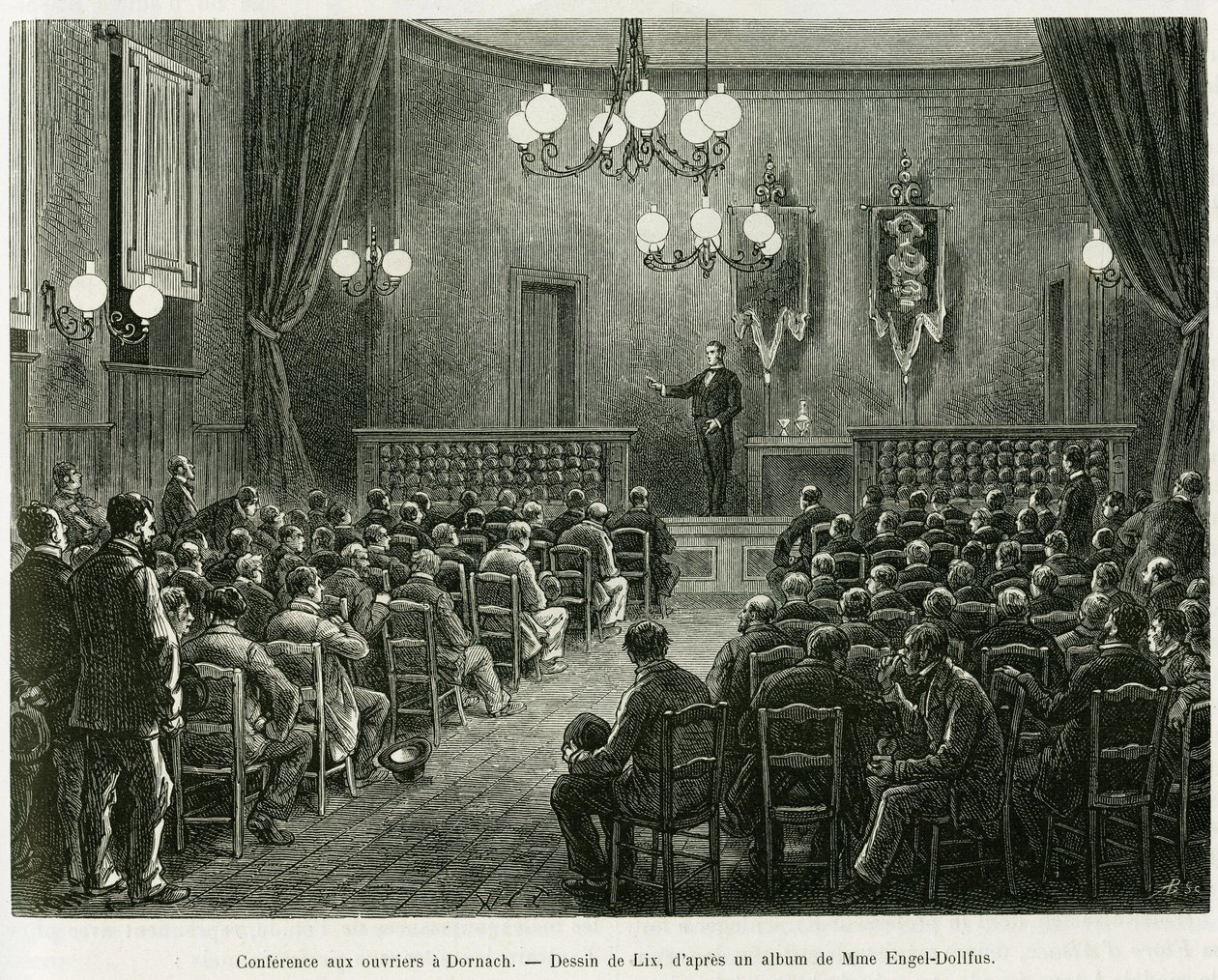 Conférence aux ouvriers des ateliers Dollfus Mieg, à Dornach. Gravure pour illustrer l