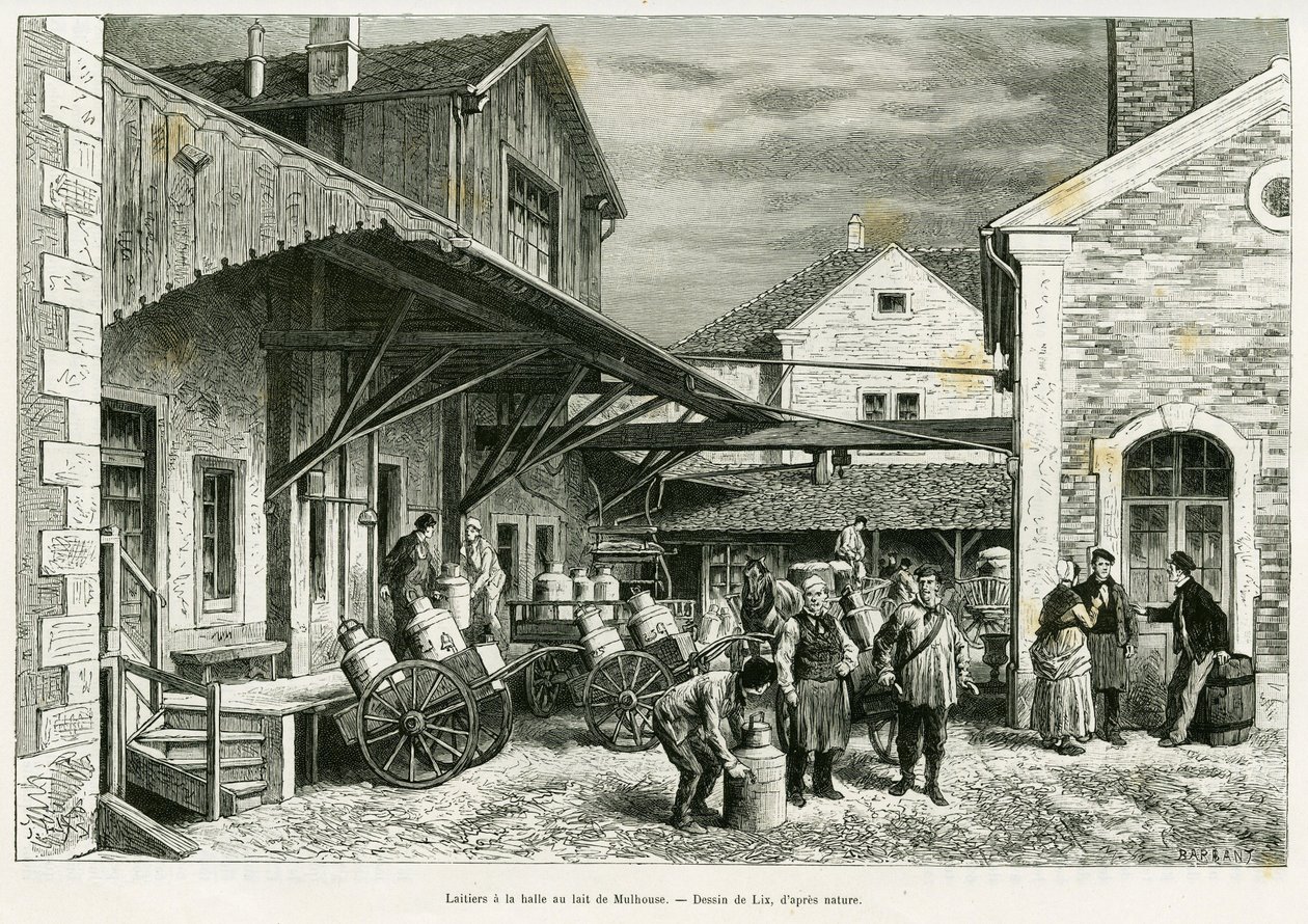 Laiterie à la Halle au lait de Mulhouse. Gravure de Lix pour illustrer le récit À travers l