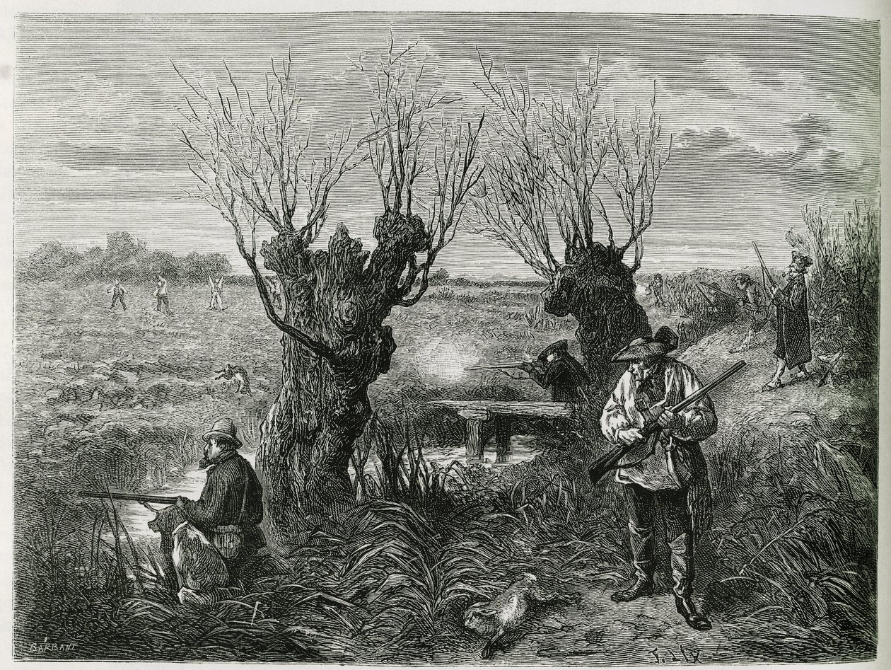 Chasse au lièvre. Gravure par F. Lix, pour illustrer l