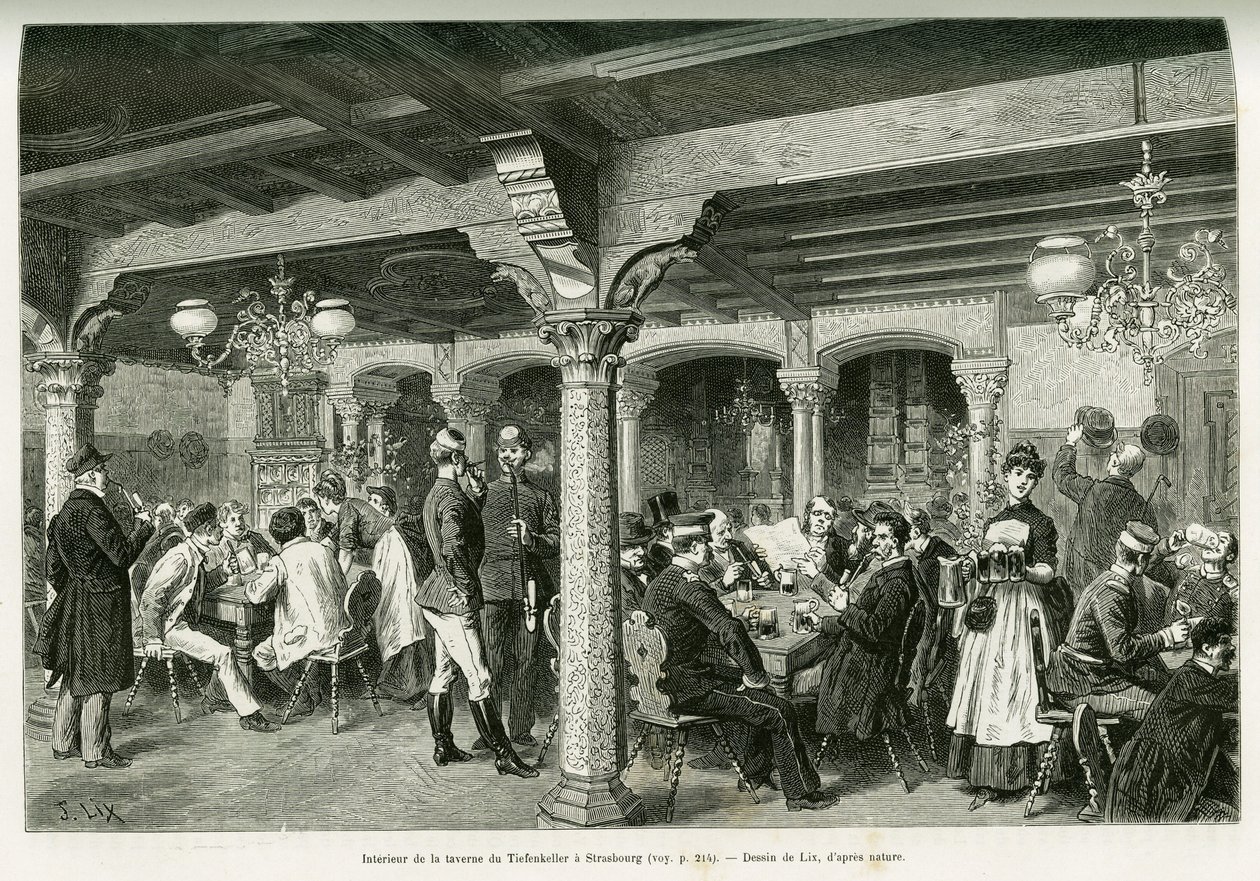 Intérieur de la taverne Tiefenkeller à Strasbourg. Gravure pour illustrer l
