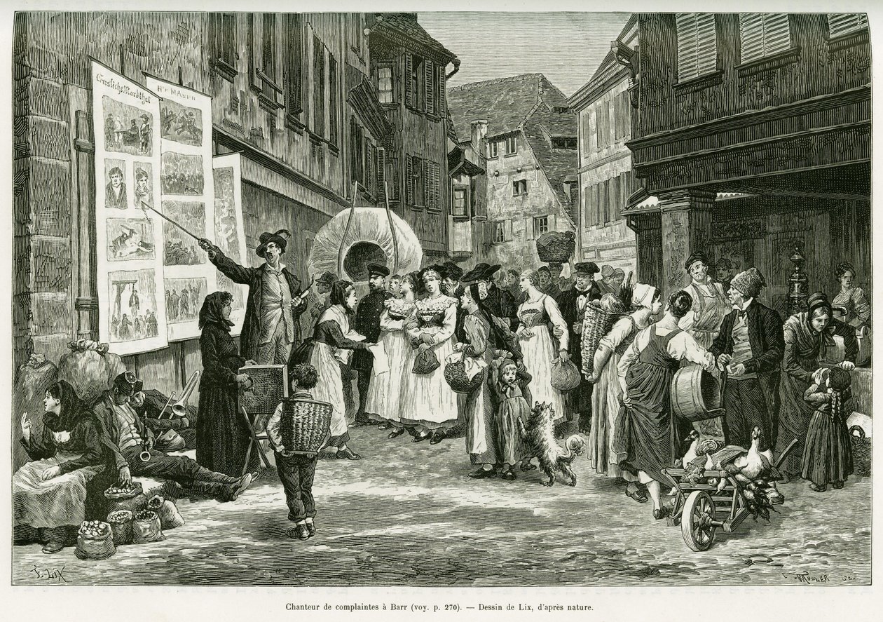 Chanteur de lamentations dans les rues de Barr. Gravure pour illustrer l