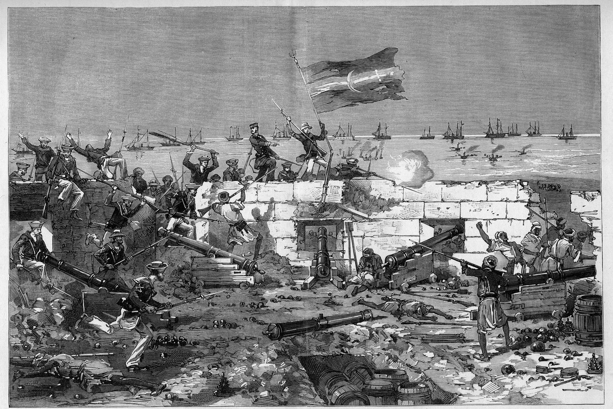 Tunisie, juillet 1881 : les troupes françaises prennent la ville de Sfax suite à la révolte des habitants contre le protectorat français de Tunisie. Les fusiliers marins prennent la batterie circulaire. Gravure de De Haenen dans « Le Monde Illustré » n°127 - Frederic de Haenen