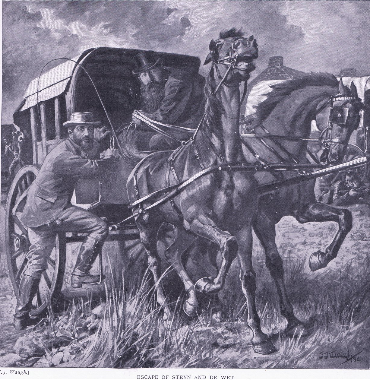 Évasion de Steyn et De Wit, illustration de Après Pretoria : La guerre de guérilla, 1902 - Frederick Judd Waugh