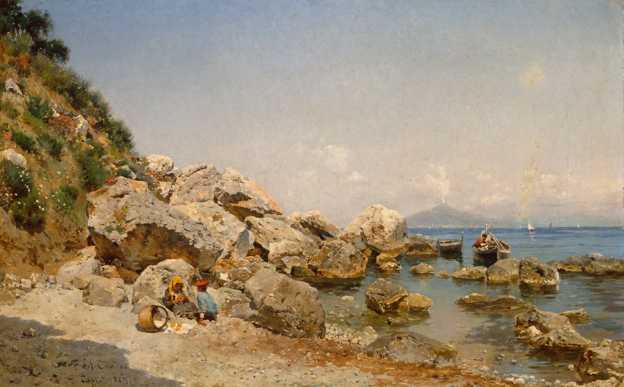 Sur la plage, Capri avec le Vésuve en arrière-plan - Frederico del Campo