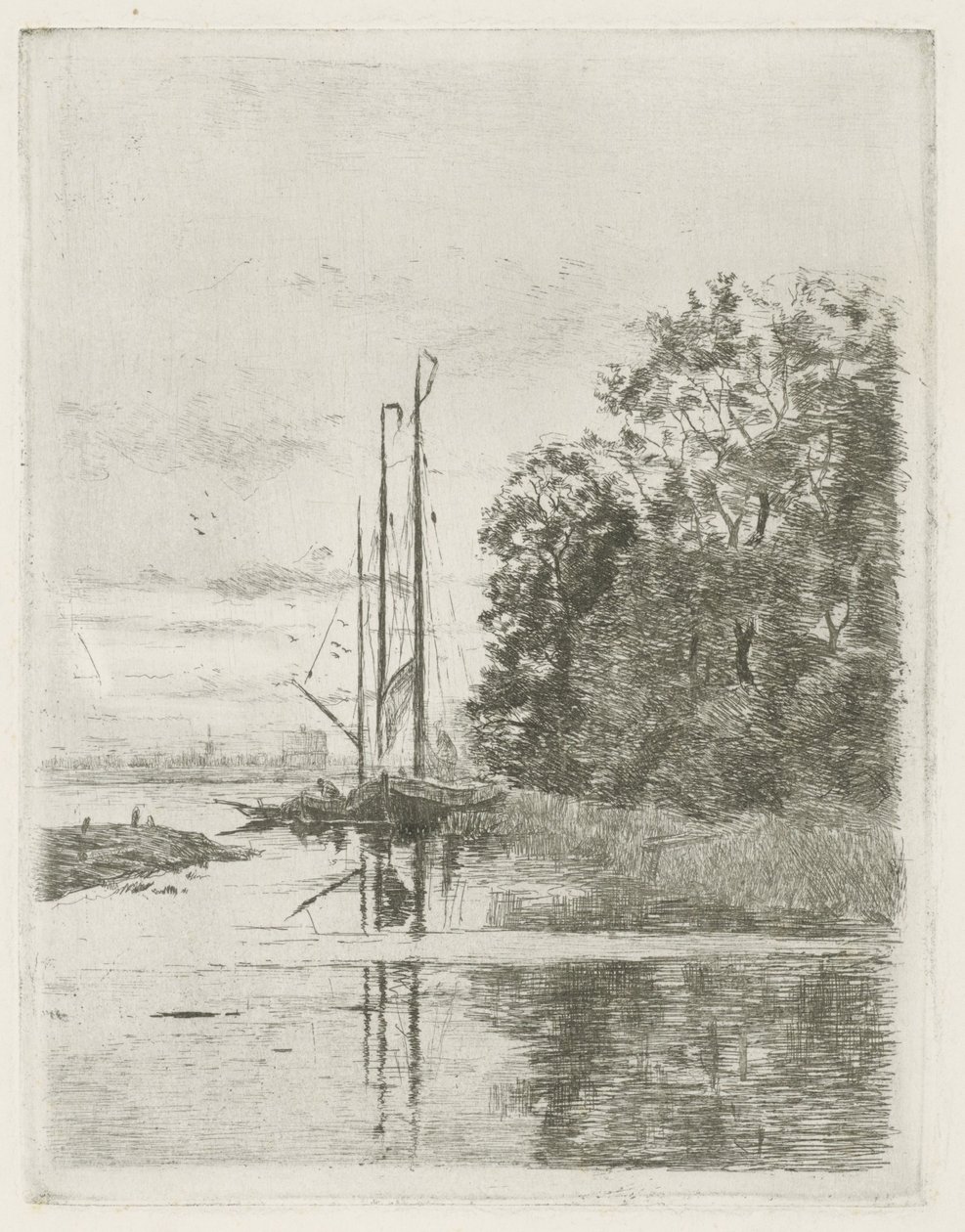 Vue de rivière avec deux bateaux et une barque - Fredericus Jacobus van Rossum du Chattel (signed by artist)