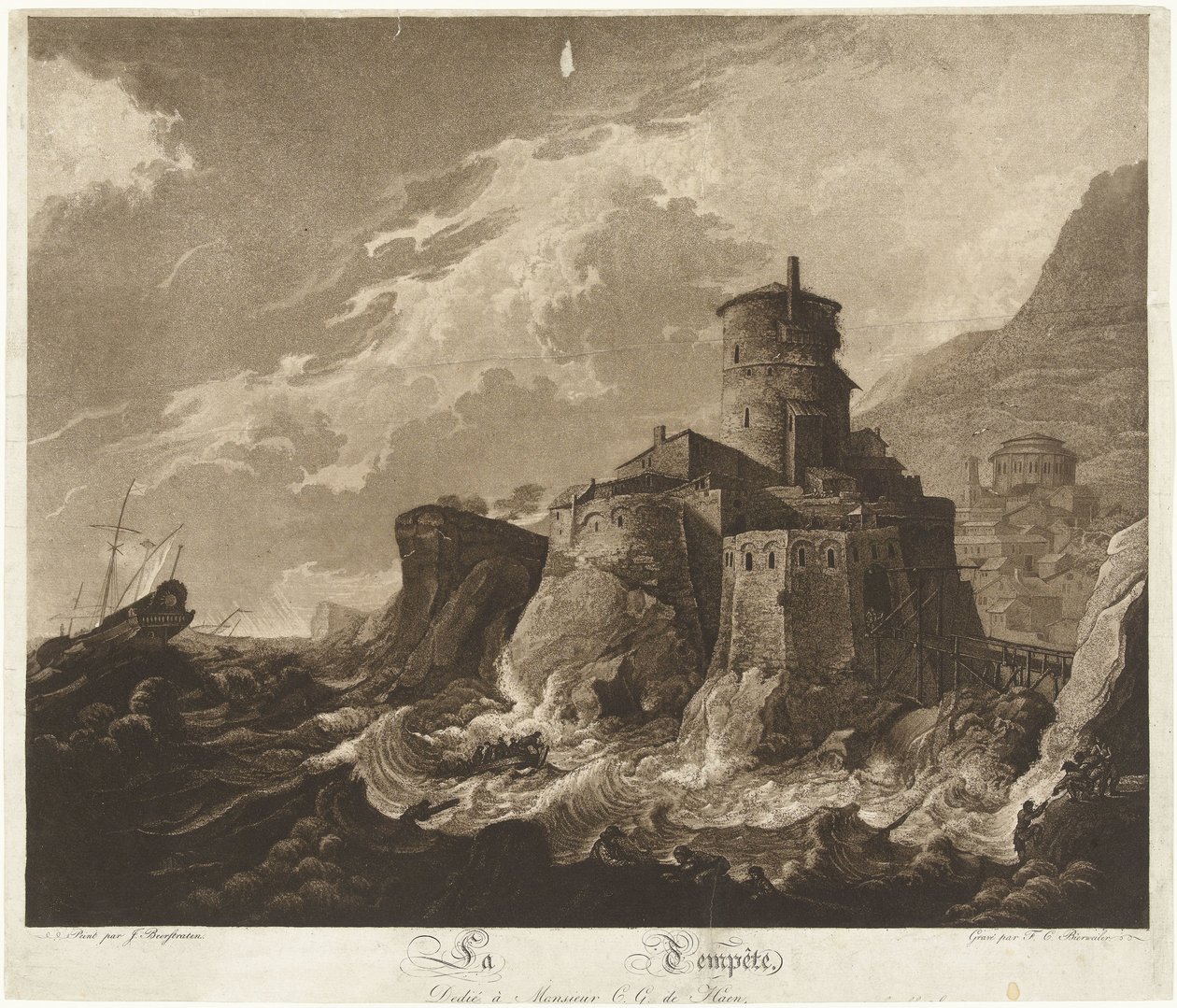Château sur une côte rocheuse et navires en tempête en mer - Frederik Christiaan Bierweiler