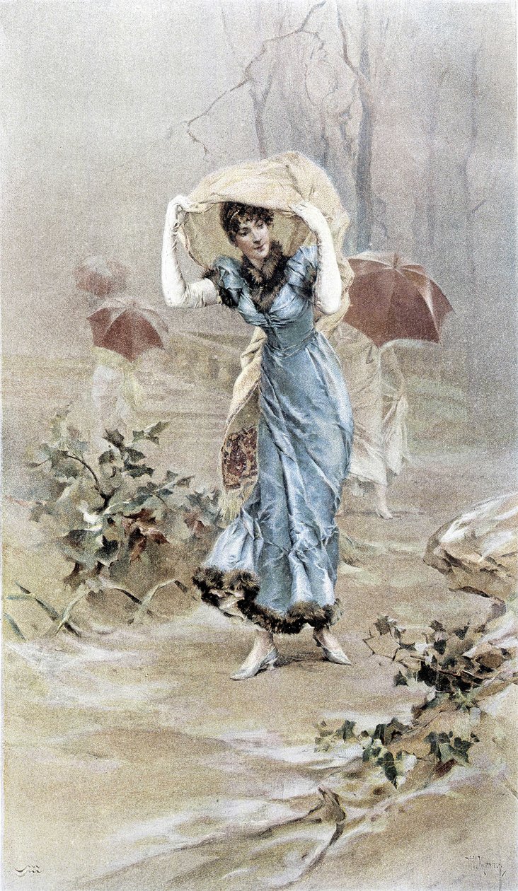 Femme se protégeant de la pluie - allégorie du début de l