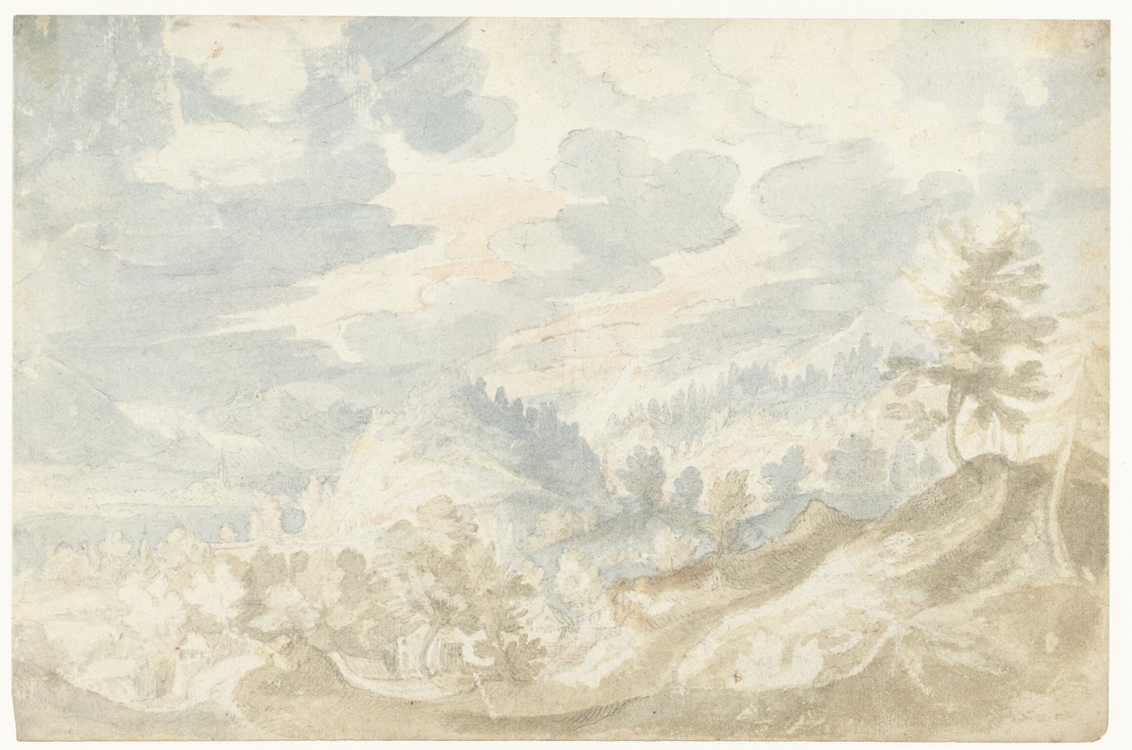 Paysage montagneux avec vue sur une vallée (du Danube ?) et un clocher - Frederik van Valckenborch