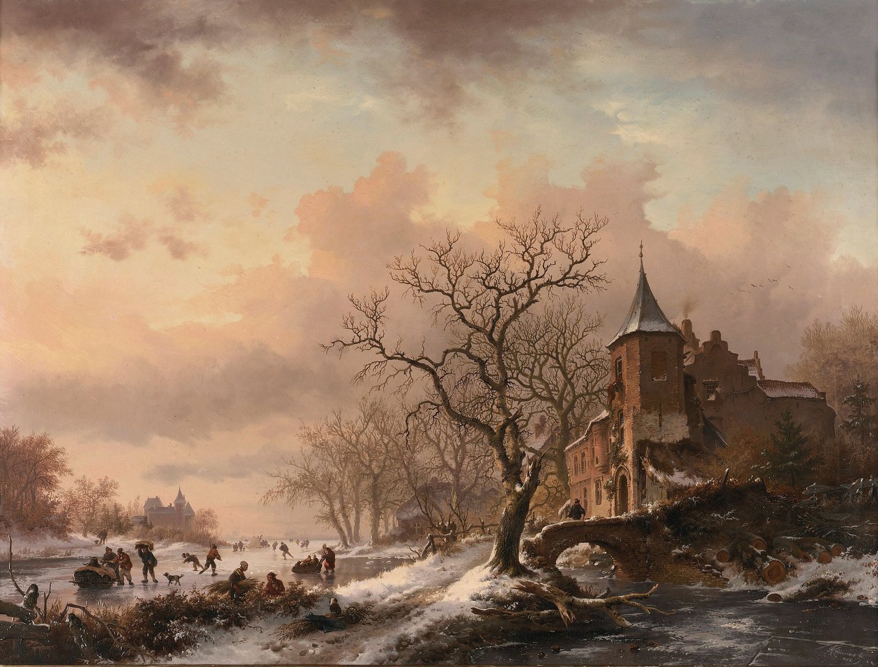 Château dans un paysage hivernal et patineurs sur une rivière gelée - Fredrik Marinus Kruseman