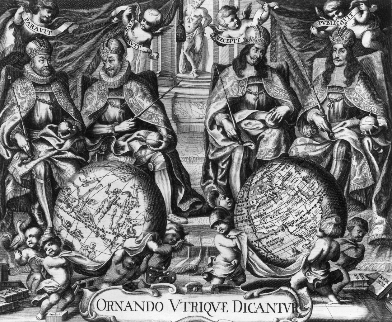 Allégorie avec Rodolphe II (1552-1612) empereur romain germanique et ses successeurs Matthias Ier (1557-1619), Ferdinand II (1578-1637) et Ferdinand III (1608-1657) - French School