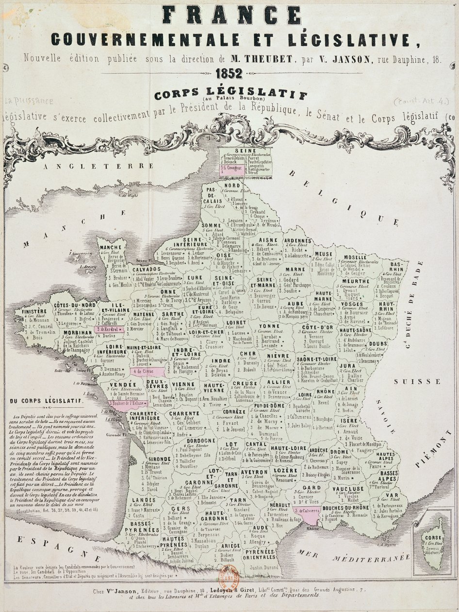 Carte gouvernementale et législative de la France, imprimée par Ledoyen et Giret, Paris, 1852 - French School