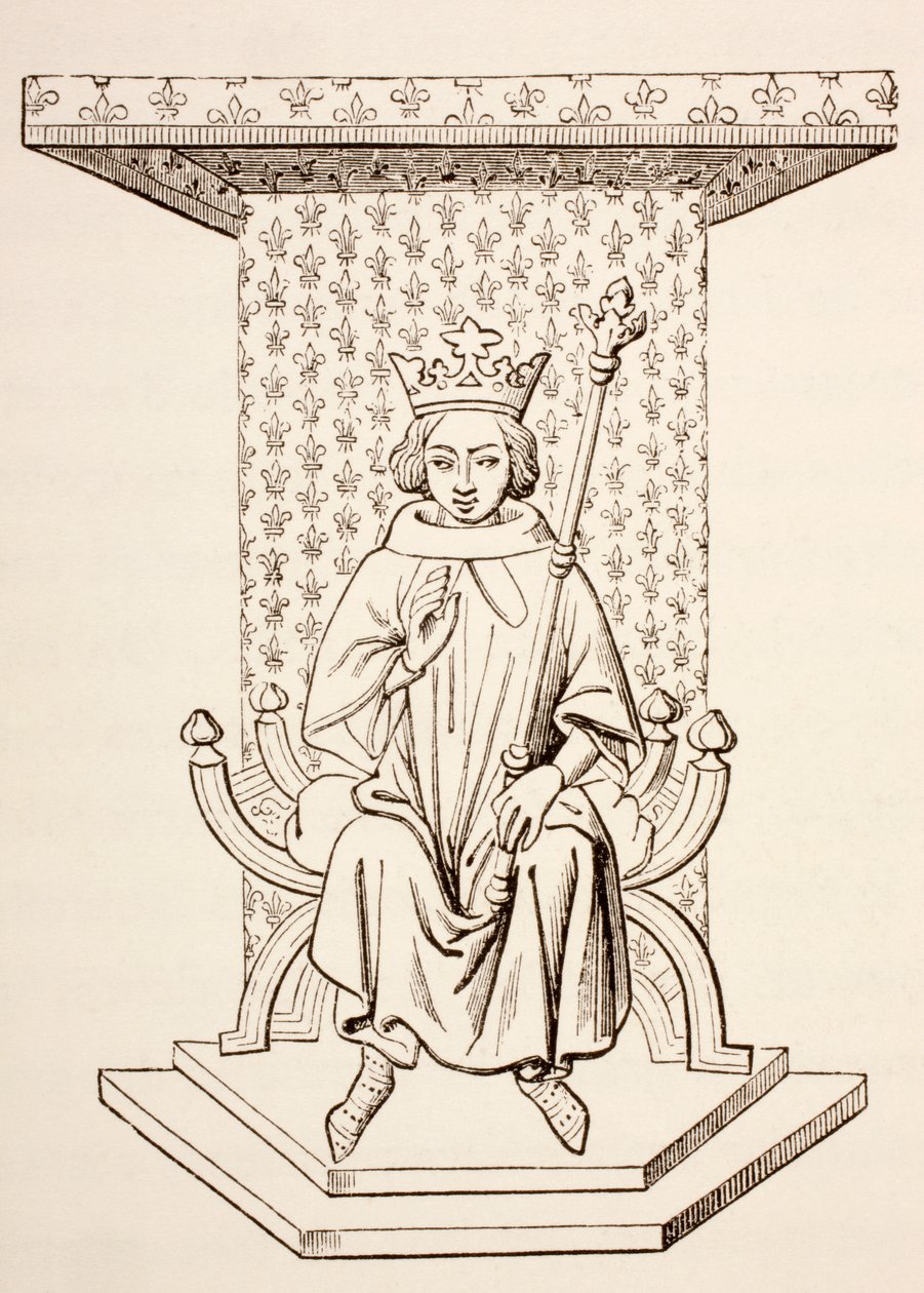 Le roi Louis IX de France sur son trône avec motif de fleur de lys, 1873 - French School