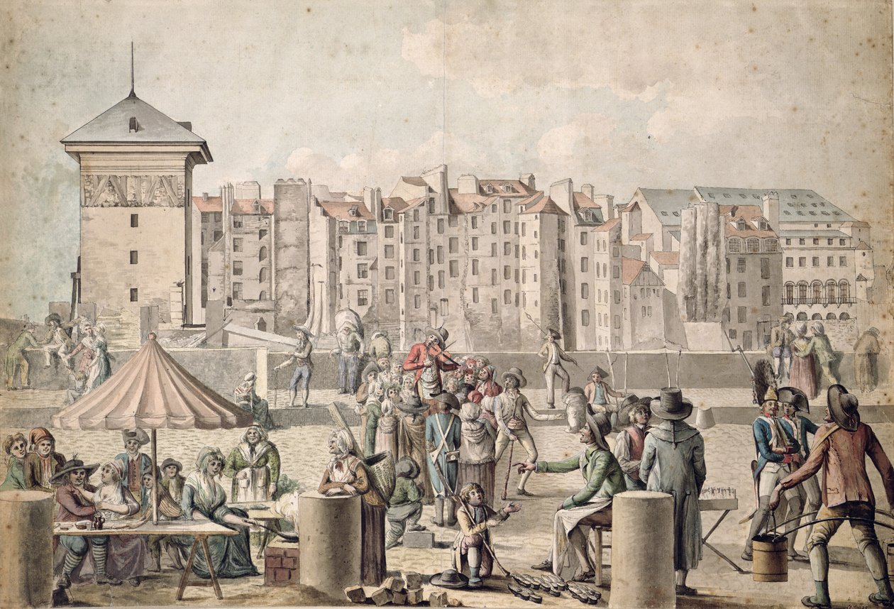 Saltimbanques et promeneurs sur le Pont au Change, Paris c.1790 - French School