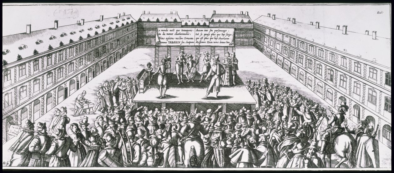 Représentation théâtrale en plein air avec Antoine Firard (1584-1633), connu sous le nom de Tabarin, sur scène - French School