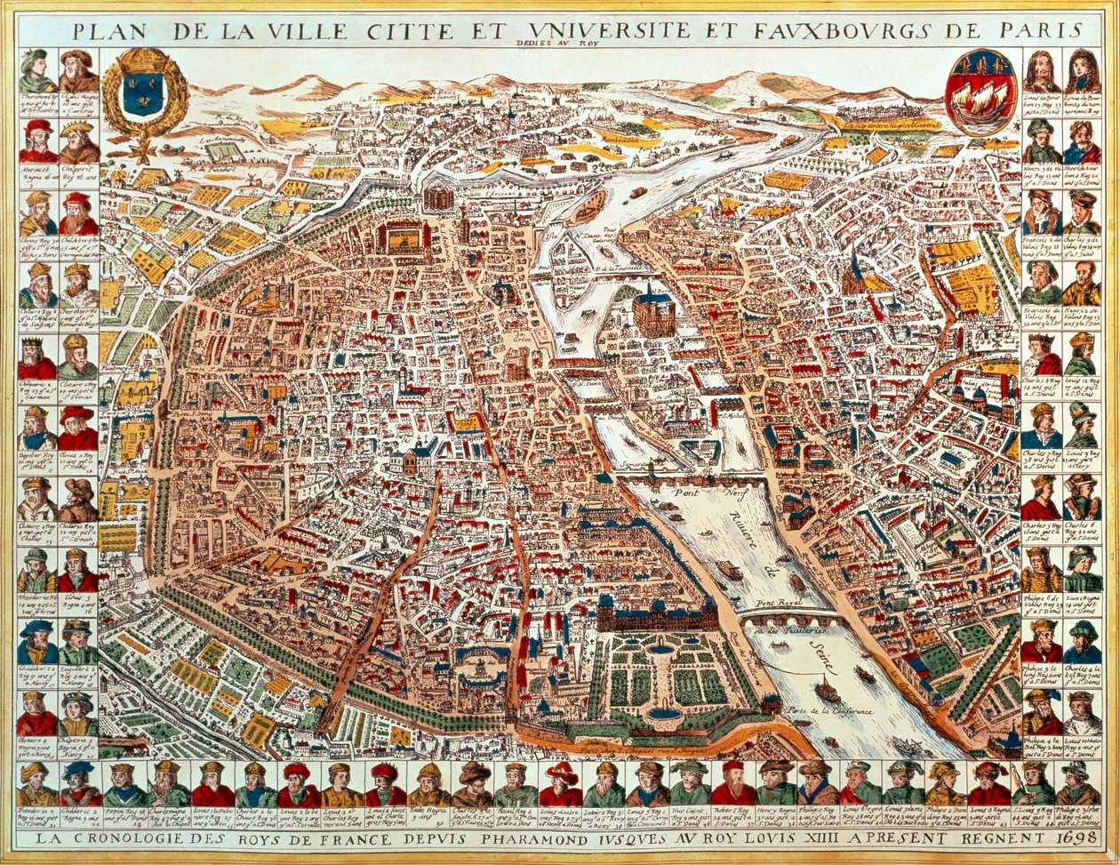 Plan de Paris, bordé par une série chronologique de portraits des rois de France de Pharamond à Louis XIV, 1698 - French School