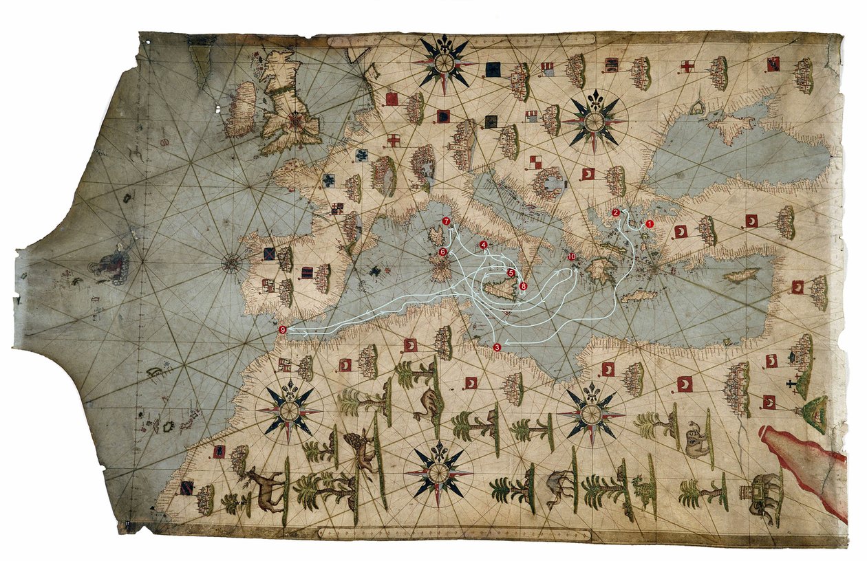 Carte Portulan de la Côte Méditerranéenne, représentant les différentes étapes du Voyage d