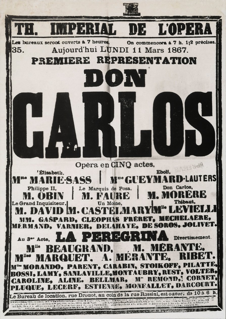 Affiche publicitaire pour la première représentation de Don Carlos au Théâtre Impérial de l