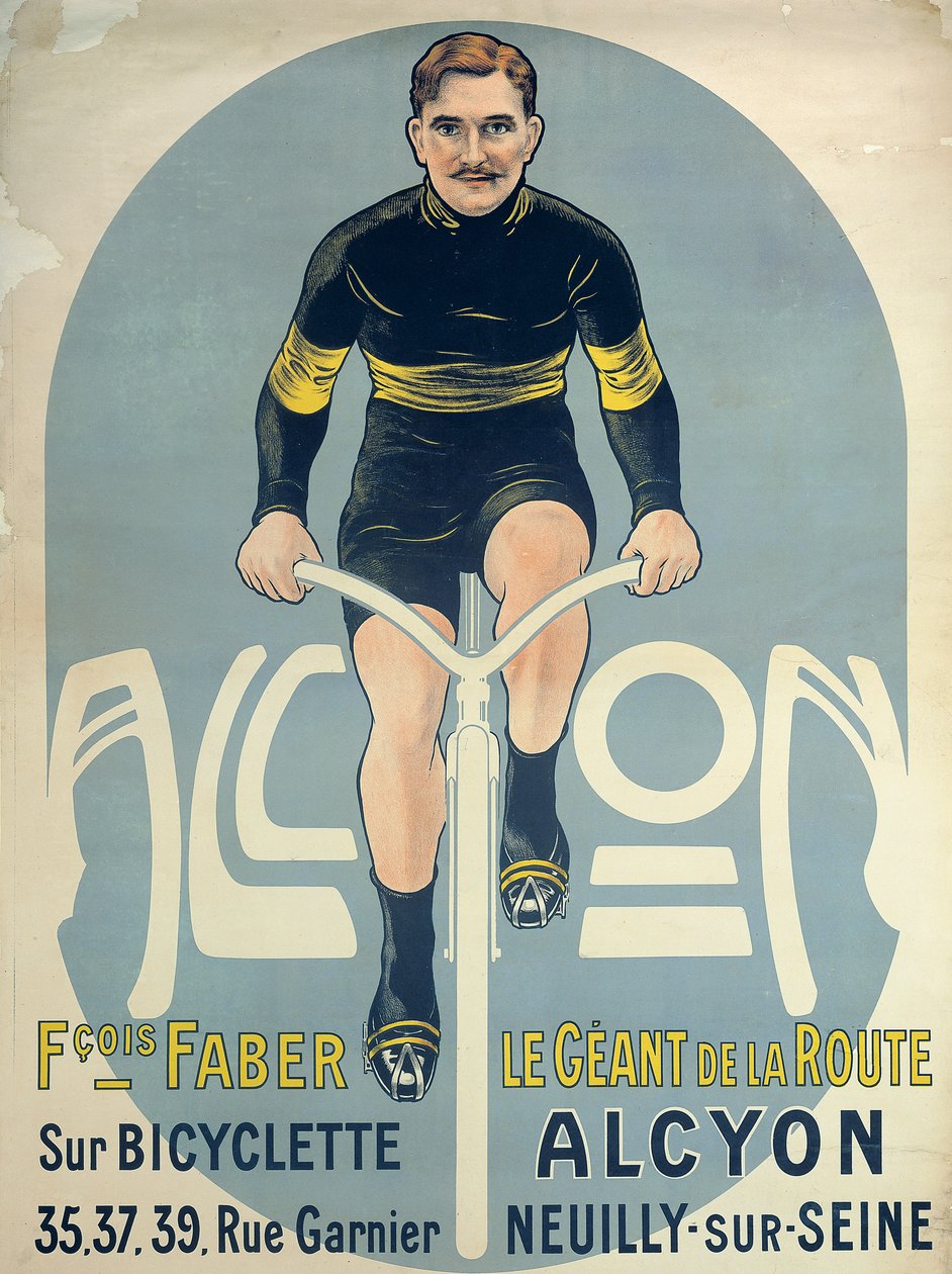 Affiche représentant François Faber (d.1915) sur son vélo Alcyon - French School