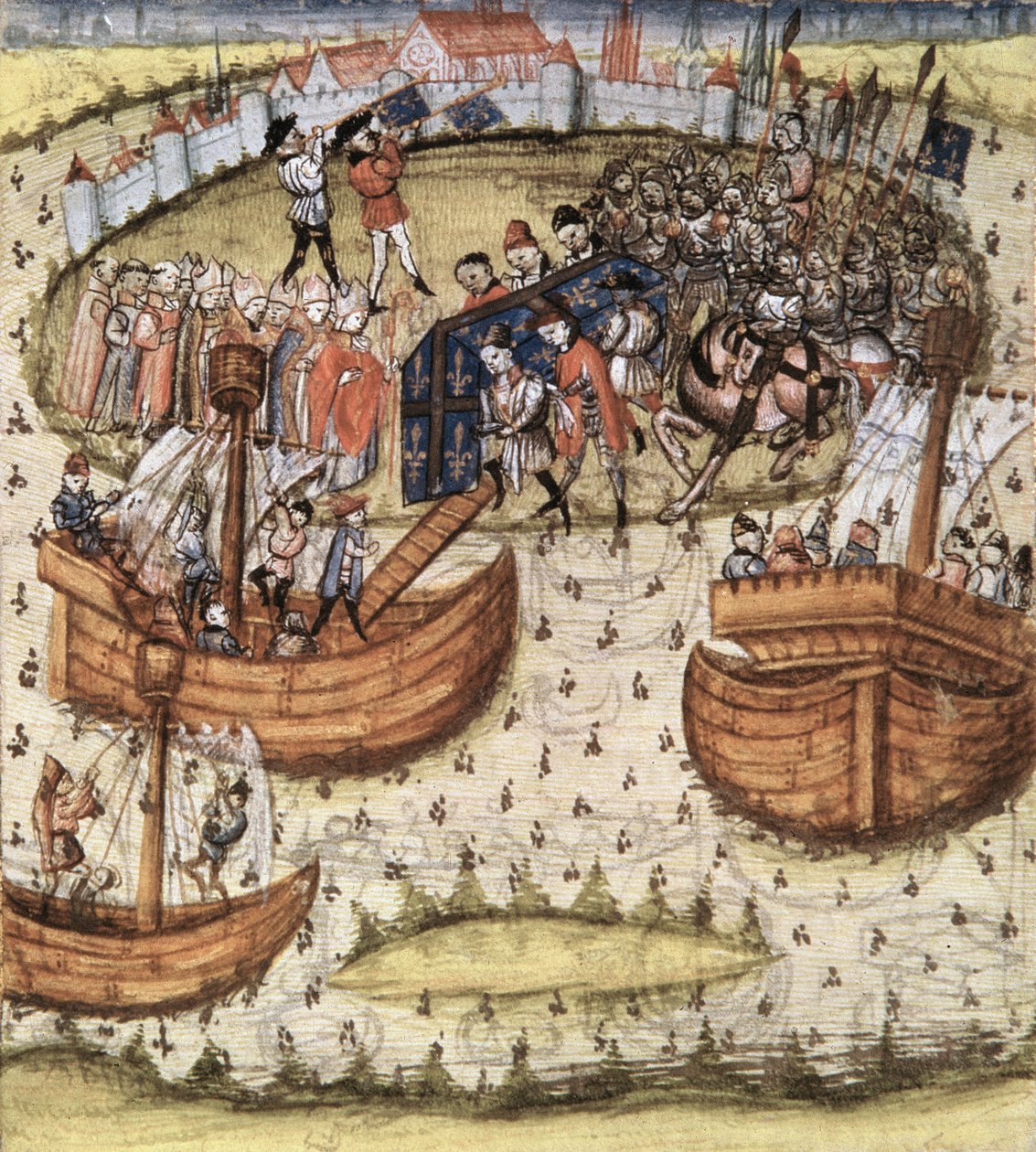 Les croisés chargeant le cercueil de Saint Louis à bord à Tunis en 1270, des Grandes Chroniques de France, 1450 - French School