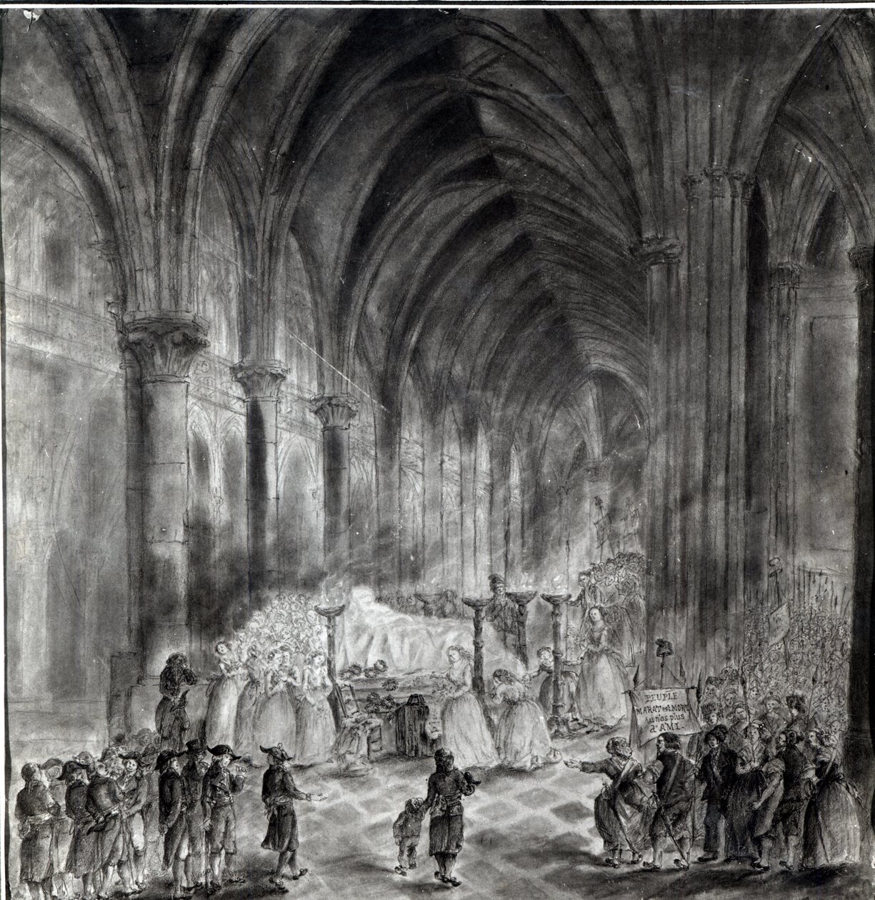 Les funérailles de Jean Paul Marat (1743-93) dans la chapelle du Club des Cordeliers, 16 juillet 1793 - French School