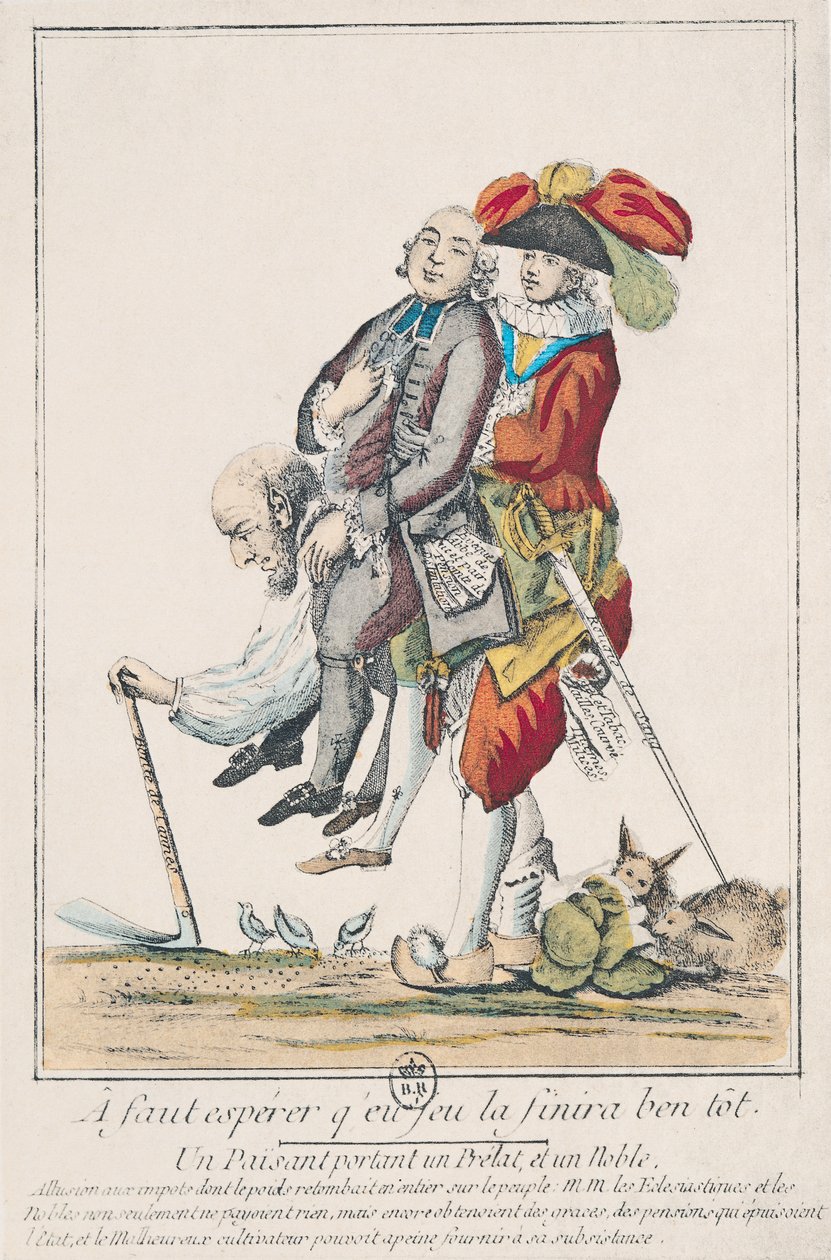 Le jeu doit bientôt se terminer, un paysan portant un clergyman et un noble, 1789 - French School