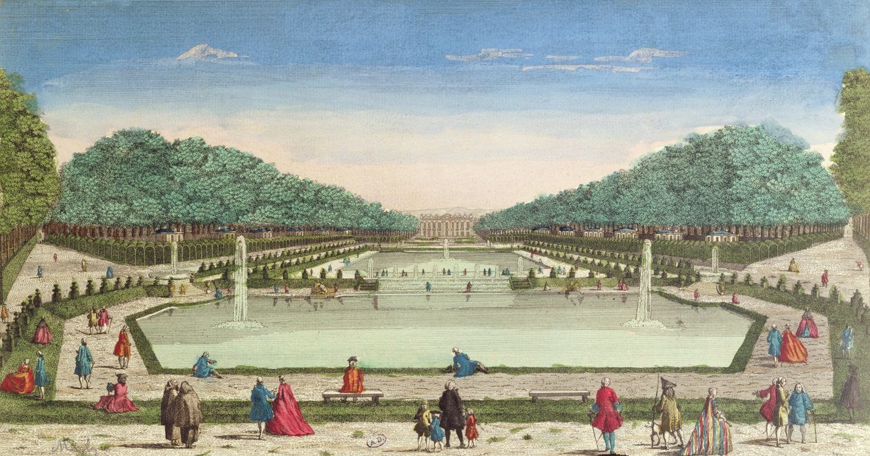 Vue des Jardins et du Château de Marly (gravure en couleur) - French School