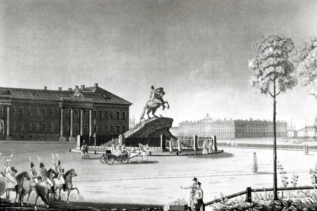 Vue de la statue de Pierre le Grand sur la place du Sénat, Saint-Pétersbourg - French School