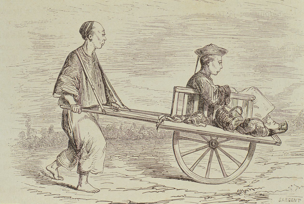 Taxi brouette dans les années 1850, Chine, gravé par Alfred Louis Sargent (né en 1828) de 