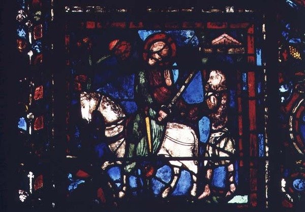 Vitrail représentant Saint Martin partageant son manteau avec le mendiant, de la vie de Saint Martin dans l