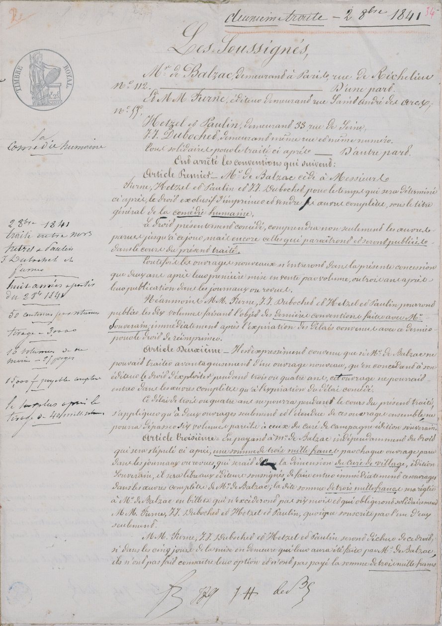 2e document de contrat relatif à La Comédie Humaine entre Honoré de Balzac (1799-1850) et Hetzel, Paulin, Dubochet et l