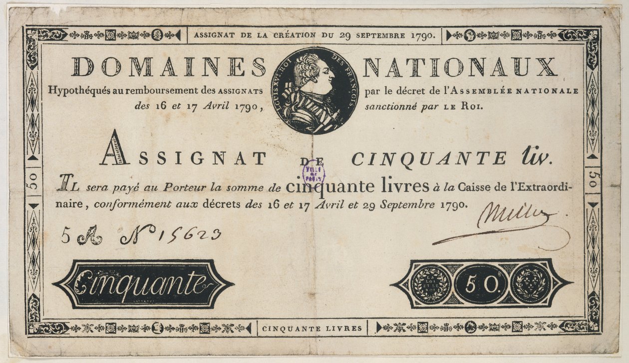 Billet de banque de 50 livres, 29 octobre 1790 - French School