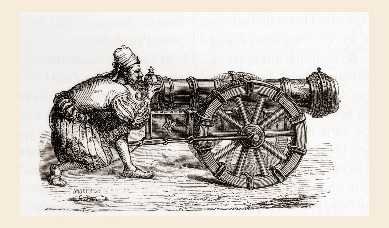 Un canon allemand à chargement par la culasse du 16ème siècle, des Merveilles de la Science, publié vers 1870 (gravure) - French School