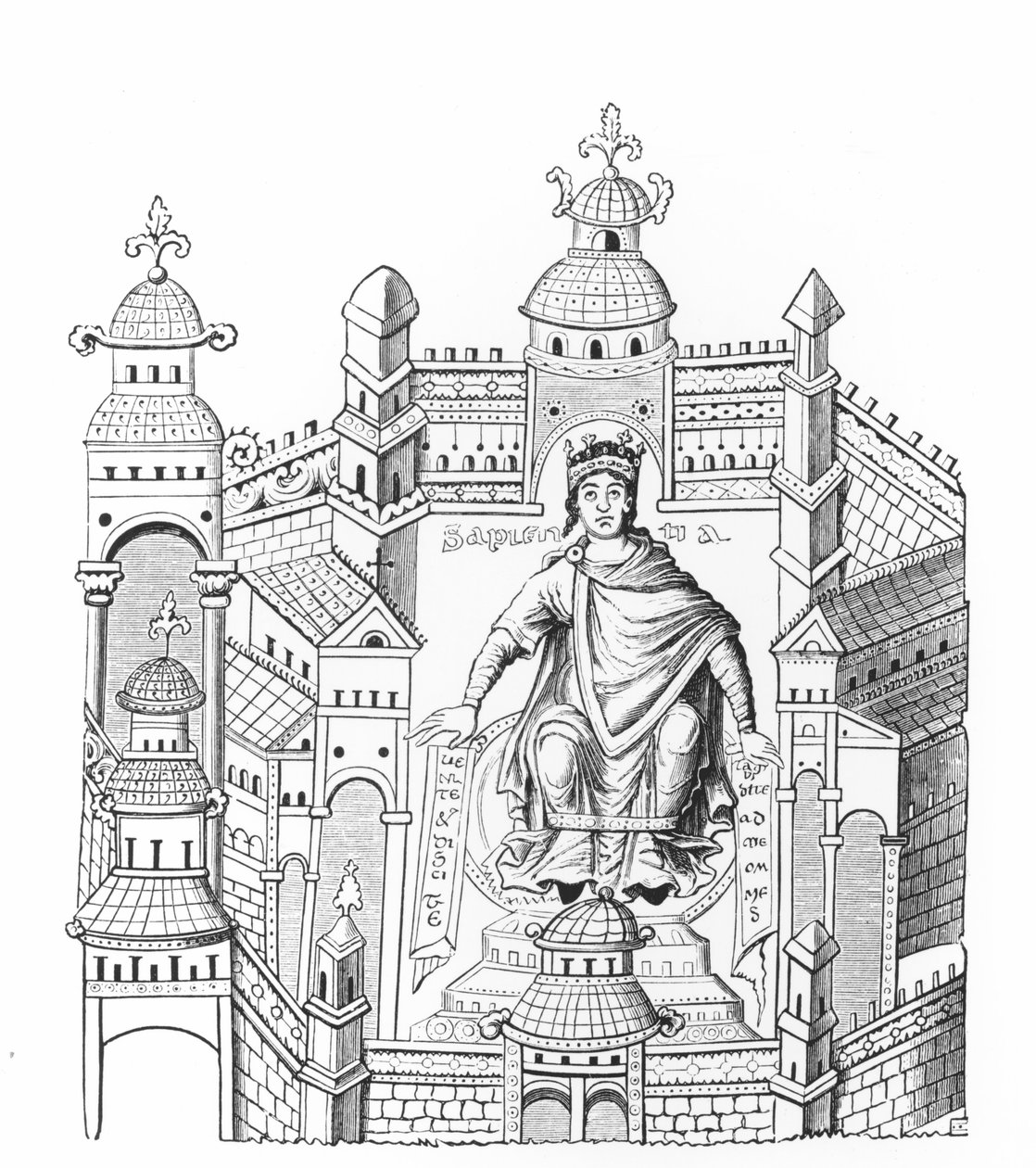 Un roi carolingien dans son palais, personnifiant la Sagesse appelant toute la race humaine, d
