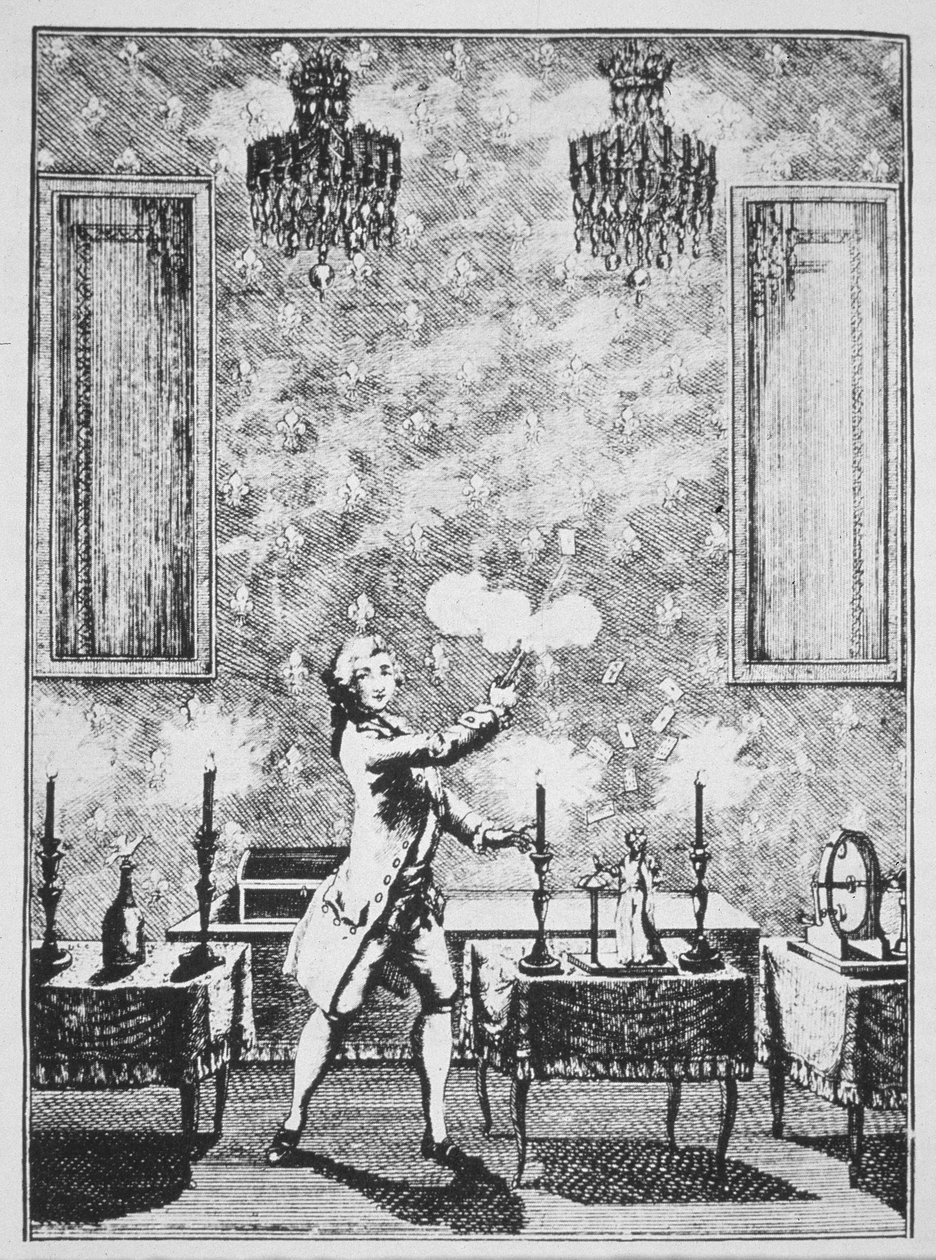 Une démonstration de prestidigitation de La magie Blanche dévoilée par Decremps, 1659, illustré dans une Histoire de la Magie, publié à la fin du 19e siècle - French School