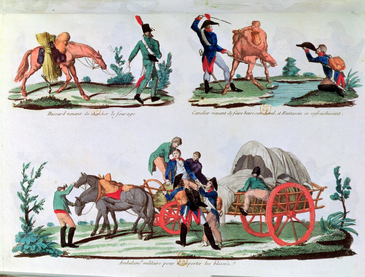 Un hussard portant du fourrage, un cavalier et un fantassin étanchant sa soif et une ambulance militaire (gravure en couleur) - French School