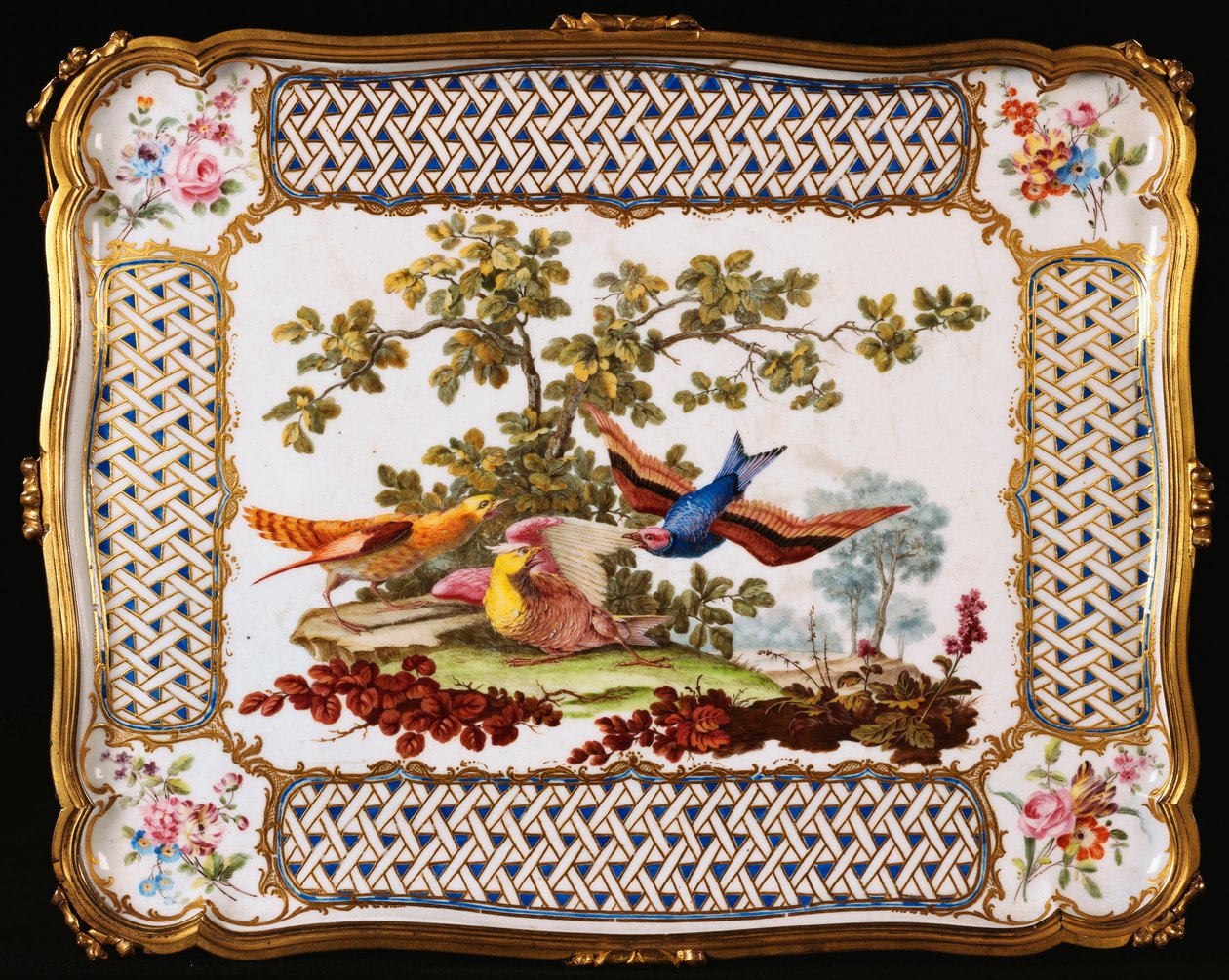 Un plateau de Sèvres Louis XV décoré de trois oiseaux exotiques dans un paysage, formant le dessus d
