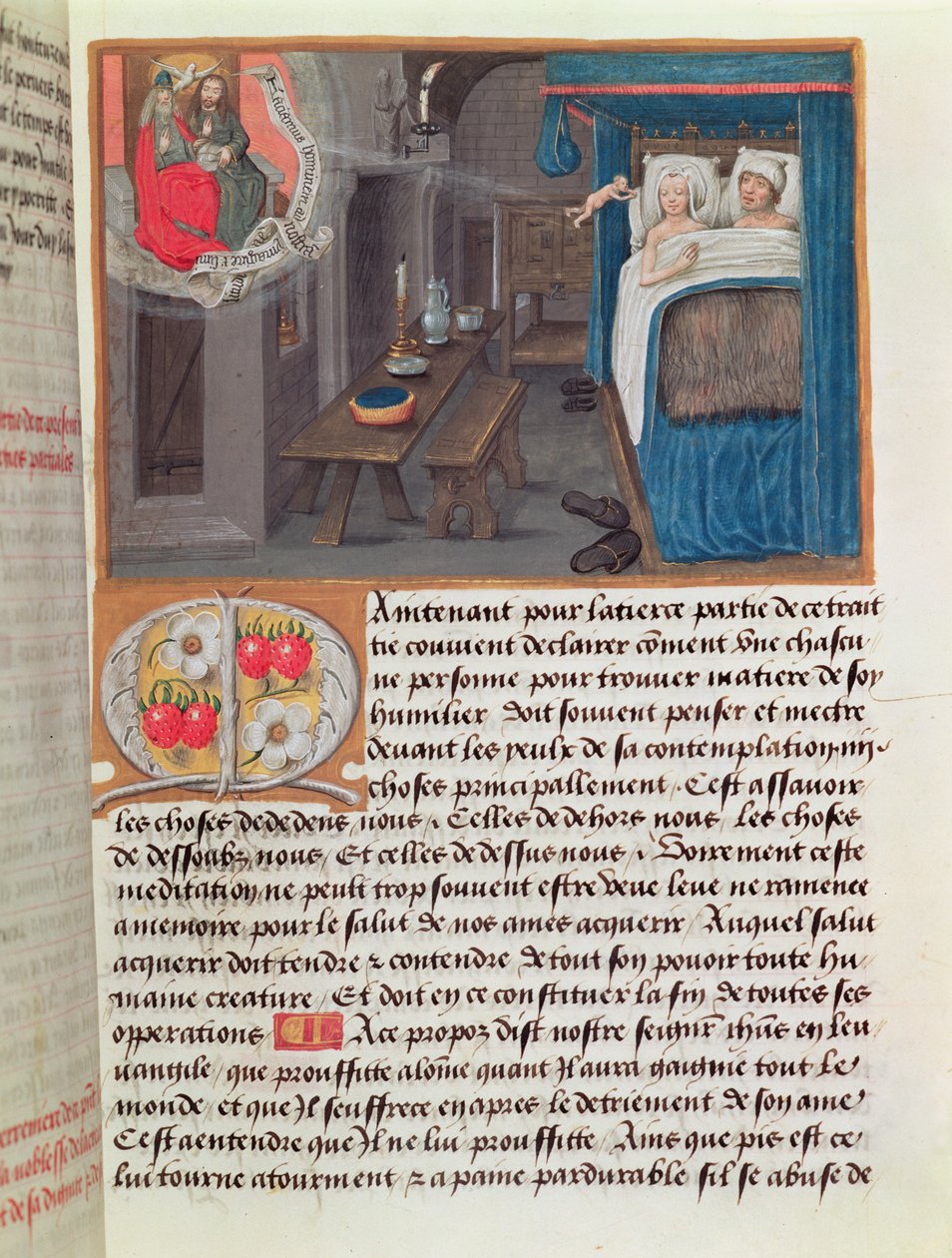 Un couple marié au lit recevant un enfant de la Sainte Trinité - French School
