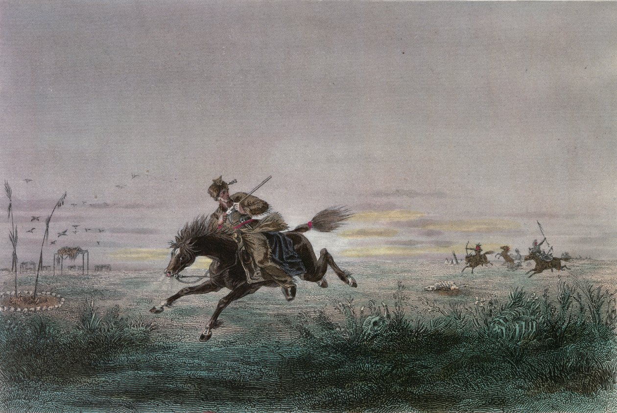 Un postier du Pony Express américain attaqué par des Amérindiens - French School