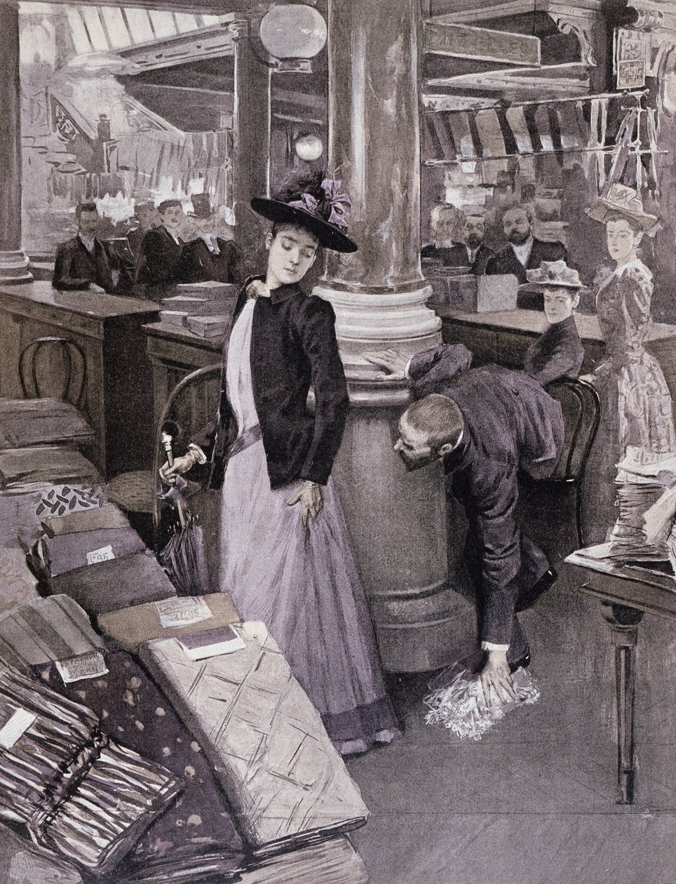 Un voleur dans un grand magasin à Paris, illustration de Paradis des Dames, vers 1895 - French School