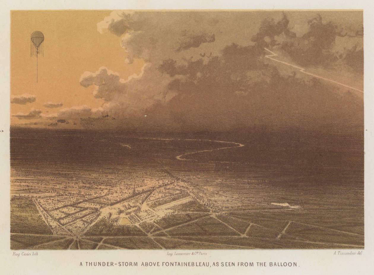 Un orage au-dessus de Fontainebleau, vu du ballon (lithographie en couleurs) - French School
