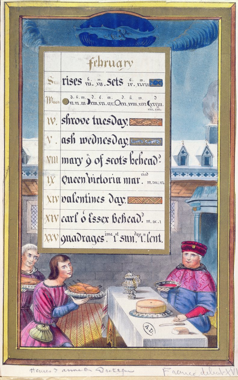 Feuille de calendrier victorien pour février avec une illustration du Livre d