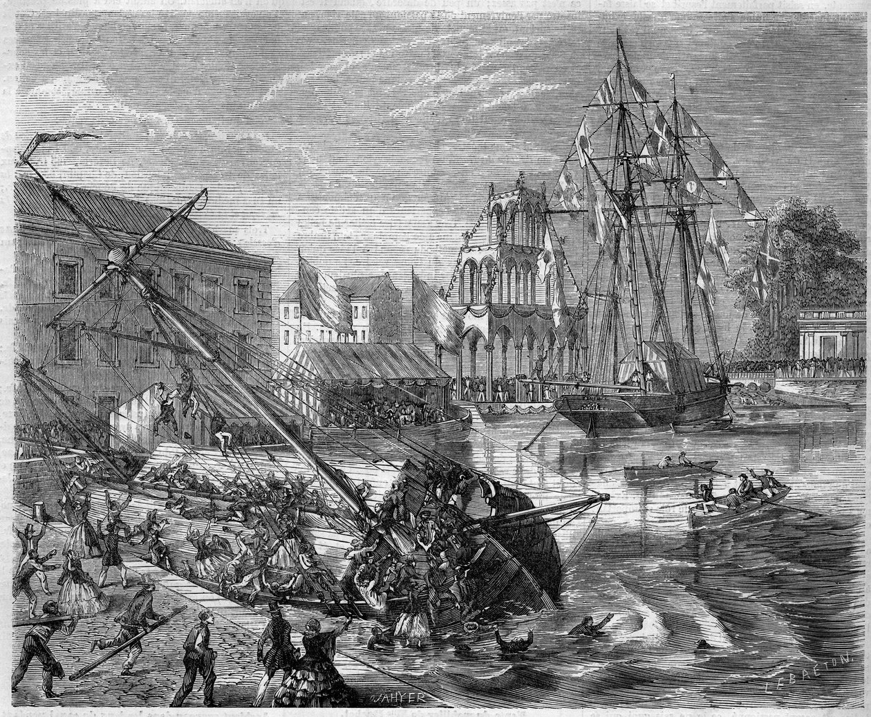 Un bateau chaviré sous le poids de ses occupants sur le canal de Bruxelles, Belgique - French School