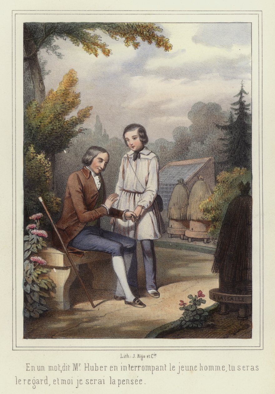 Un garçon aidant un aveugle (lithographie couleur) - French School