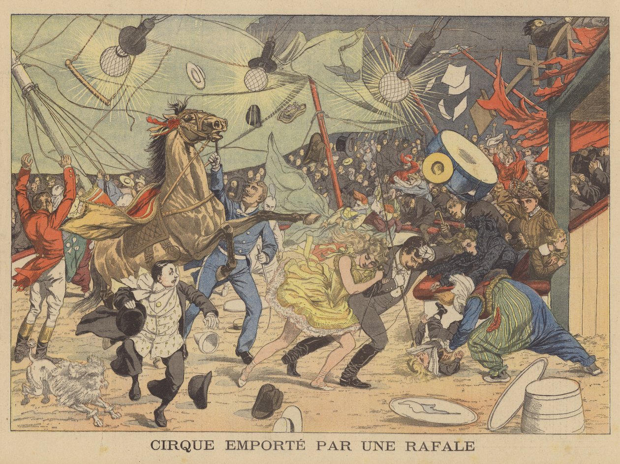 Un chapiteau de cirque emporté par une rafale de vent (lithographie couleur) - French School