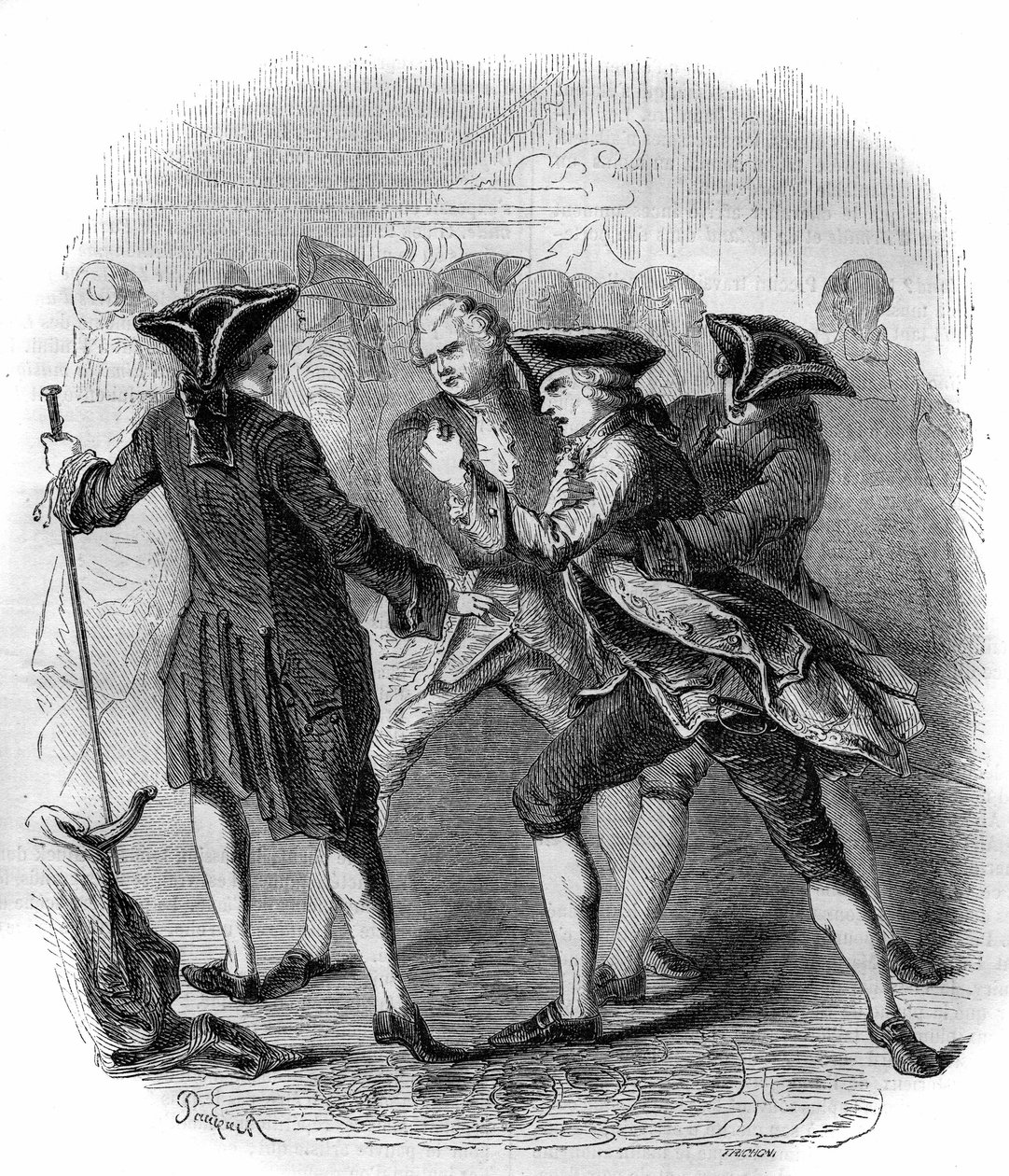 Une confrontation entre « Gluckistes » et « Piccinistes » illustrant la rivalité entre les compositeurs Christoph Willibald Gluck et Niccolò Vito Piccinni. Gravure de 1856 - French School