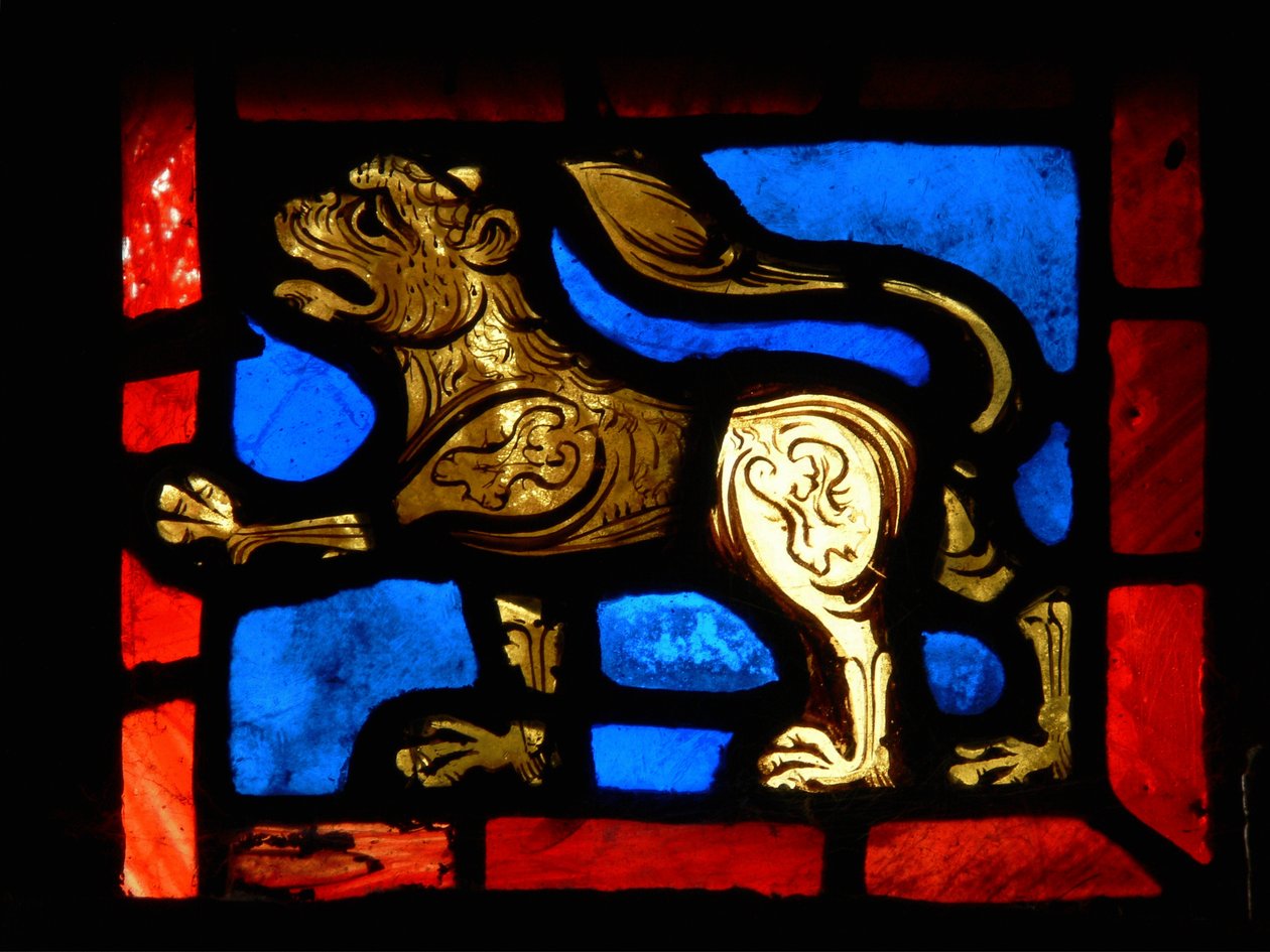Un coin représentant un lion, de la fenêtre de la Passion - French School