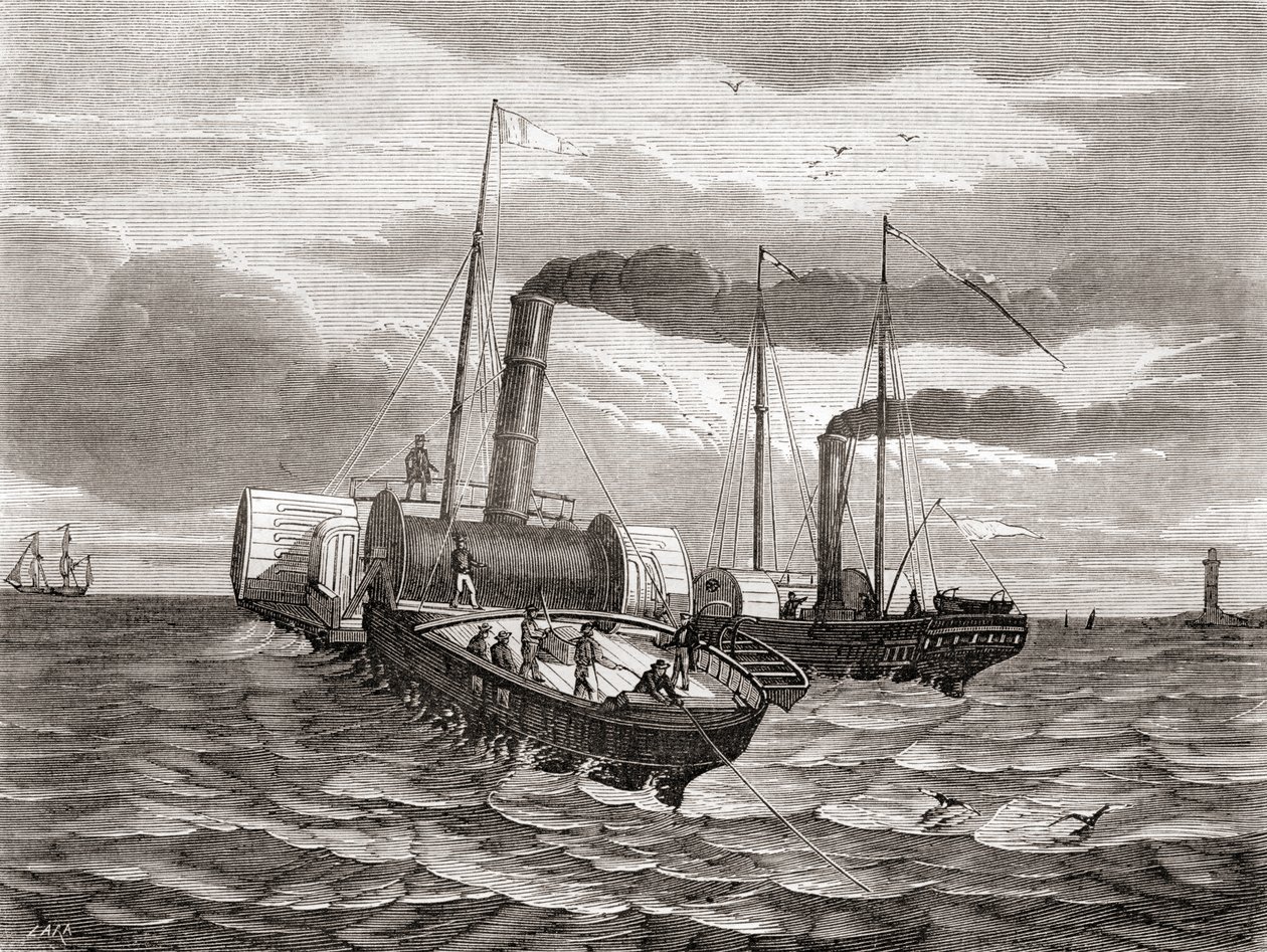 Une première tentative en 1850 par la Anglo-French Telegraph Company de John Watkins Brett pour poser la première ligne sous la Manche, de Douvres à Calais, en utilisant les remorqueurs convertis Goliath et Widgeon, de 