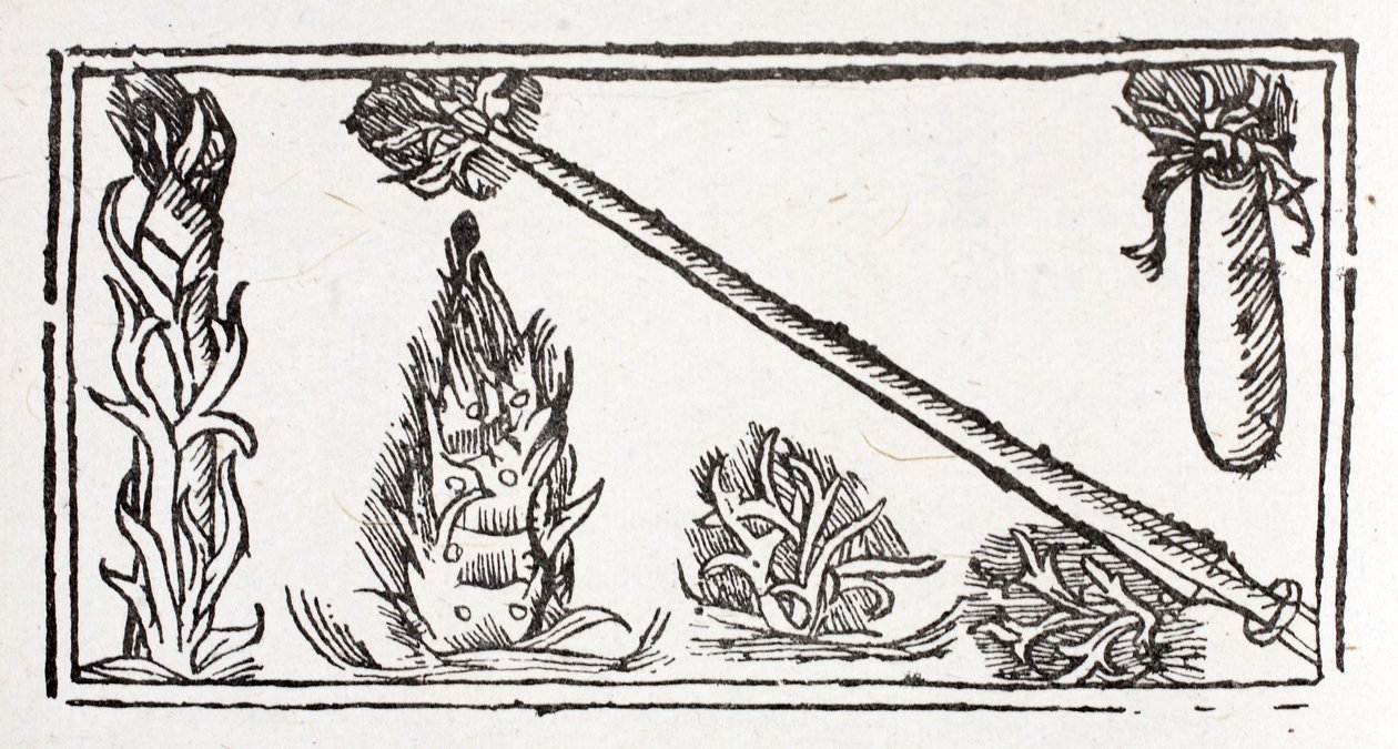 Une lance enflammée, une flamme montante et des étincelles de feu - French School